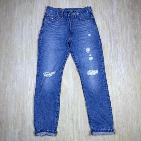 Levi's 501 Distressed Ripped Button Fly High Rise Denim Jeans Women's 26x30 - Picture 1 of 16